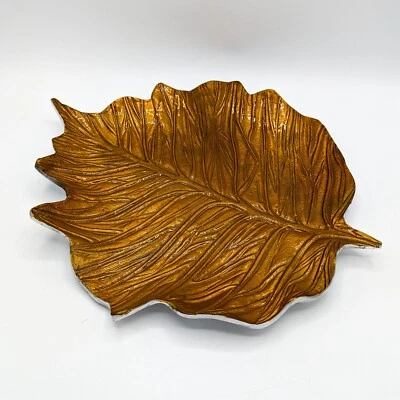 LARGE Enamel On Metal Autumn Leaf Serving Platter Tray Orange Gold Indian 16" - Image 1 of 4