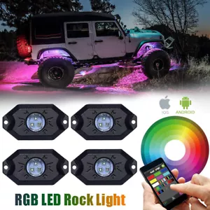 4-Pods RGB LED Rock Light Wireless Bluetooth Music Off Road Truck UTV Jeep ATV - Afbeelding 1 van 10