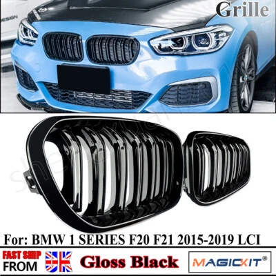 Gloss Black Front Kidney Grilles Grills For BMW F20 F21 1 Series M1 Style 15-19 - Image 1 of 4