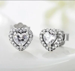 925 Sterling Silver Plating Inlay Heart Shape Zircon Earring - Picture 1 of 2