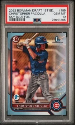 2022 Bowman Draft 1st Edition Sky Blue Foil 185 CHRISTOPHER PACIOLLA Cubs PSA 10 - Image 1 of 2