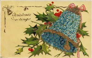 Gold vergoldete Blumenglocke eingewickelt in Stechpalme Frohe Weihnachten Postkarte - Bild 1 von 2