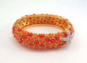 KJL Kenneth J Lane Coral Cabochon & Rhinestones Starfish Bangle Bracelet Hinged - Picture 1 of 17
