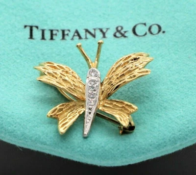 Broche prendedor vintage Tiffany & Co oro amarillo 18 quilates platino diamante redondo mariposa Foto 1 de 4