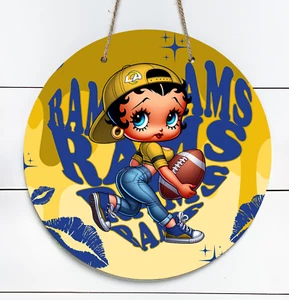 Betty Boop Los Angeles Rams Inspired 10" Metal Indoor/Outdoor Round Sign - Picture 1 of 1