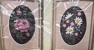 Creative Circle Needlepoint Kit Cabbage Rose & Daises Set 2 Floral Ovals Vtg 80s - Picture 1 of 7