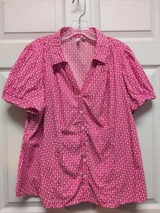 Vtg Women Top Pink White Polka Dot Size 2X Short Sleeve Stretchy - Picture 1 of 6