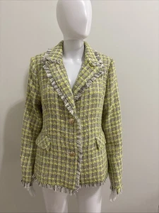 Giacca nuova con etichette $298 Walter Baker Damon Blazer Malibu giallo tweed tasca frange taglia L - Foto 1 di 14