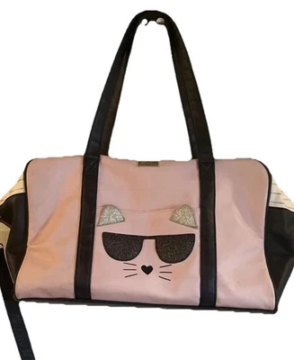 Luv Betsey Johnson Cat Weekender Duffle Bag Pink with Black Sequin Overnighter - Image 1 of 4
