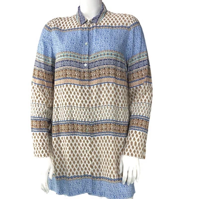 J Jill Womens Size M Tunic Top Mixed Media Stripe Collared Long Sleeve Blue Tan - Изображение 1 из 4