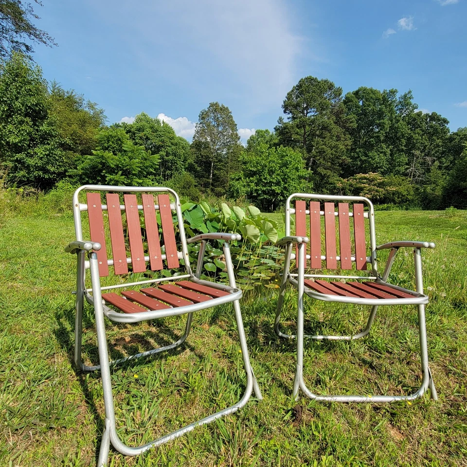 Vtg  Red Wood Lawn Chairs Folding  5 Slat Double Barrel Arms!  Aluminum Set Of 2 - Image 1 of 4