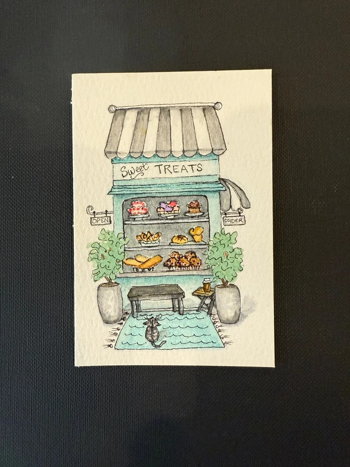 Tarjeta de arte firmada ACEO Original Acuarela Caprichosa - Panadería Dulces Tienda Foto 1 de 1