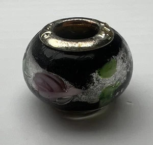 925 Sterling Silver Murano Glass Bead European Lampwork Foil Pink Roses Black - Picture 1 of 8