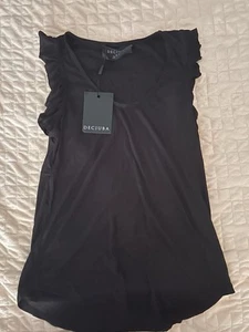 DECJUBA BLACK RIBBED SINGLET TOP WITH SCOOP NECK+FRILLED ARMHOLES SIZE S - Picture 1 of 2