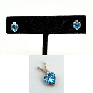 10K Solid Yellow Gold Blue Sapphire Heart Stud Earrings & Matching Pendant SET - Picture 1 of 21