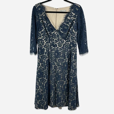 Eliza J Womens Size 8 Dress Navy Lace Overlay 3/4 Sleeve Fit and Flare - Image 1 of 4