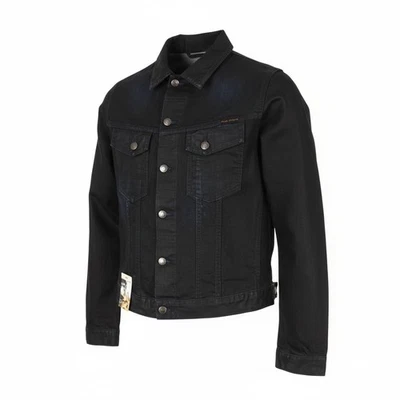 NUDIE JEANS Terry Men's M Black Coated Indigo Spread Neck Button Logo Jacket * - image 1 of 4