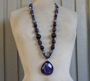 Purple Drusy Adjustable Hemp Necklace Jewelry Onyx Amethyst Jade Gemstone Beads - Picture 1 of 8