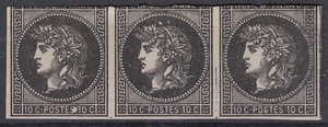 FRANCE : 1876 - ESSAI PROJET GAIFFE 10c NOIR BANDE DE 3 NEUVE - A VOIR COTE 660€ - Picture 1 of 2