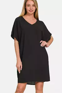 Zenana V-Neck Tee Dress with Pockets - Picture 1 of 4