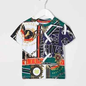 River Island Toddler Boys Green Baroque Short Sleeve T-Shirt - Picture 1 of 3