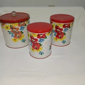 Vintage Tin Canister Set Of 3. Red, Floral Country Cottage Retro Farmhouse - Picture 1 of 23