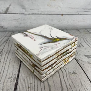 Coasters Set 6 Nemadji Style Hand Painted Ceramic Cork Backing Modern Abstract - Picture 1 of 9