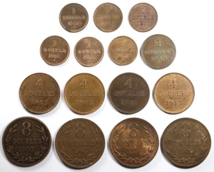 Lot of 15 Copper Guernsey Doubles Coins 1, 2, 5, 8 - Early 1900's Mostly H Mint - Picture 1 of 2