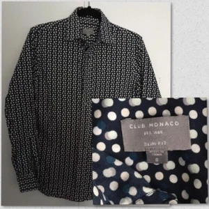 Club Monaco S Slim Fit Navy Blue Grey Dots Long Sleeve Button Front Shirt Men's - Picture 1 of 7