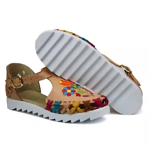Bunte mexikanische Sandalen aus echtem Leder handgeflochten Huaraches Blumenmuster - Bild 1 von 4