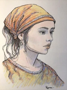 Original Pastell und Tinte Skizze, 9x12 Zoll, orthodoxes russisches Mädchen - Bild 1 von 5