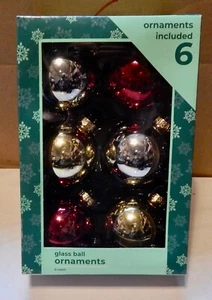 Christmas Tree Ornaments Glass Ball 2 1/2” Round 6ea Red Gold Silver NIB 271J - Picture 1 of 4