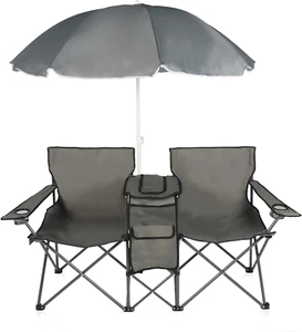 Double Folding Camping Chair W/Umbrella Fold up Table Beverage Holder Carrying B - Picture 1 of 7