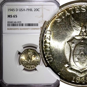 Philippines Silver 1945 D 20 Centavos NGC MS65 Nice GEM BU  KM#182 (023) - Picture 1 of 5