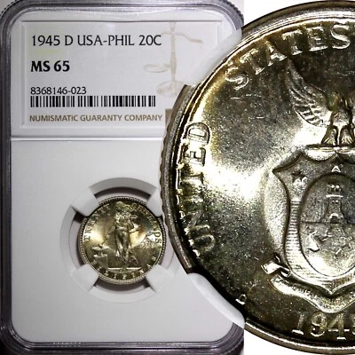 Philippines Silver 1945 D 20 Centavos NGC MS65 Nice GEM BU  KM#182 (023) - Image 1 of 4