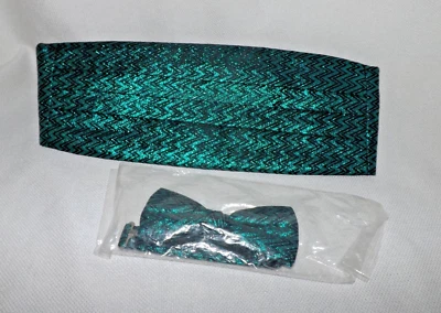 NEW Teal & Black Zig Zag Sparkle Cummerbund & Bow Tie Set - Image 1 of 4