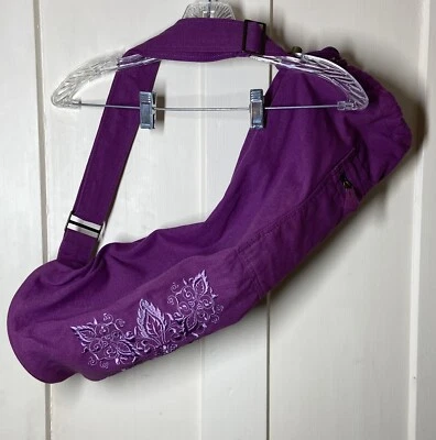Gaiam Embroidered Yoga Mat Bag Purple Pocket Drawstring Strap Flower Gym Canvas - Image 1 of 4