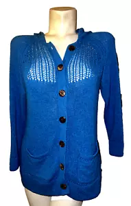 CHICO'S Sweater Women's Size M (1) Blue Button Hooded Cardigan Sweater w/Pockets - Picture 1 of 6