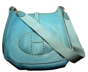 Authentic! Hermes Evelyne Blue Jean Epsom Leather PM Handbag Purse - Picture 1 of 9