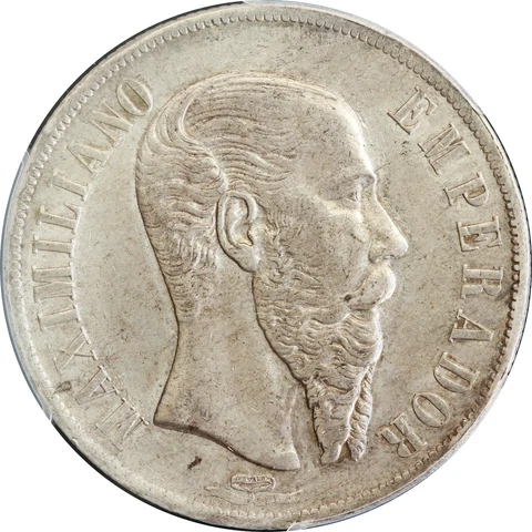 Mexico 1 Peso Mo 1867 Empire of Maximilian, PCGS AU53. KM# 388.1 Cover