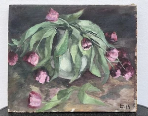 Impressionist Flower Still Life With Purple Tulips Oil Painting Art Nouveau 1919 - Picture 1 of 14