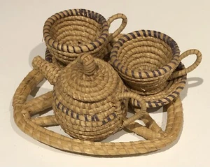 South African Hand Woven Straw Perfect Miniature Tea Set 1950’s Rare Vintage - Picture 1 of 7