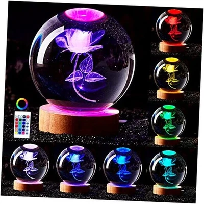 3D Rose Crystal Ball Lamp,3.15 inch Crystal Ball Night Light with Wooden G - Изображение 1 из 4
