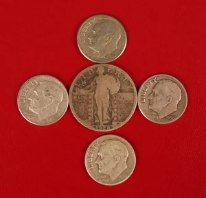 LOTTO DI MONETE ARGENTO US 1928 IN PIEDI LIBERTY QUARTER E TRUMAN DIMES NO RISERVA - Foto 1 di 1