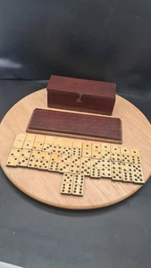 Vintage Dominoes Set - Real Bone & Wood + Cribbage Board - Picture 1 of 15