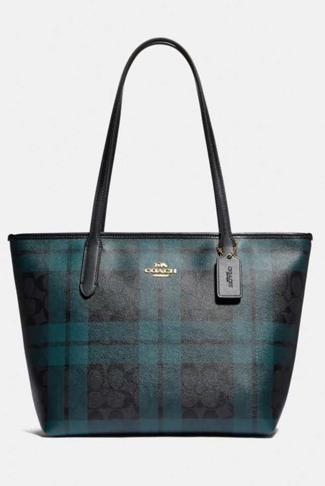 Bolso de Mano Coach City con Cremallera Nuevo con Etiquetas en Lona Signature con Estampado a Cuadros Negro Océano Profundo Foto 1 de 1