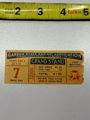 Boleto de tribuna Garden State Racing Association 1942 año de apertura Nueva Jersey Foto 1 de 4