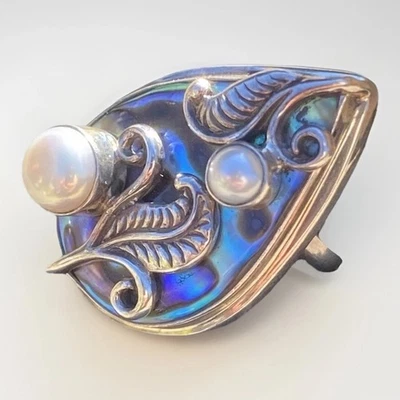 Anillo de cóctel Merano de plata esterlina 925 hojas perlas y concha de abulón talla 6 Foto 1 de 4
