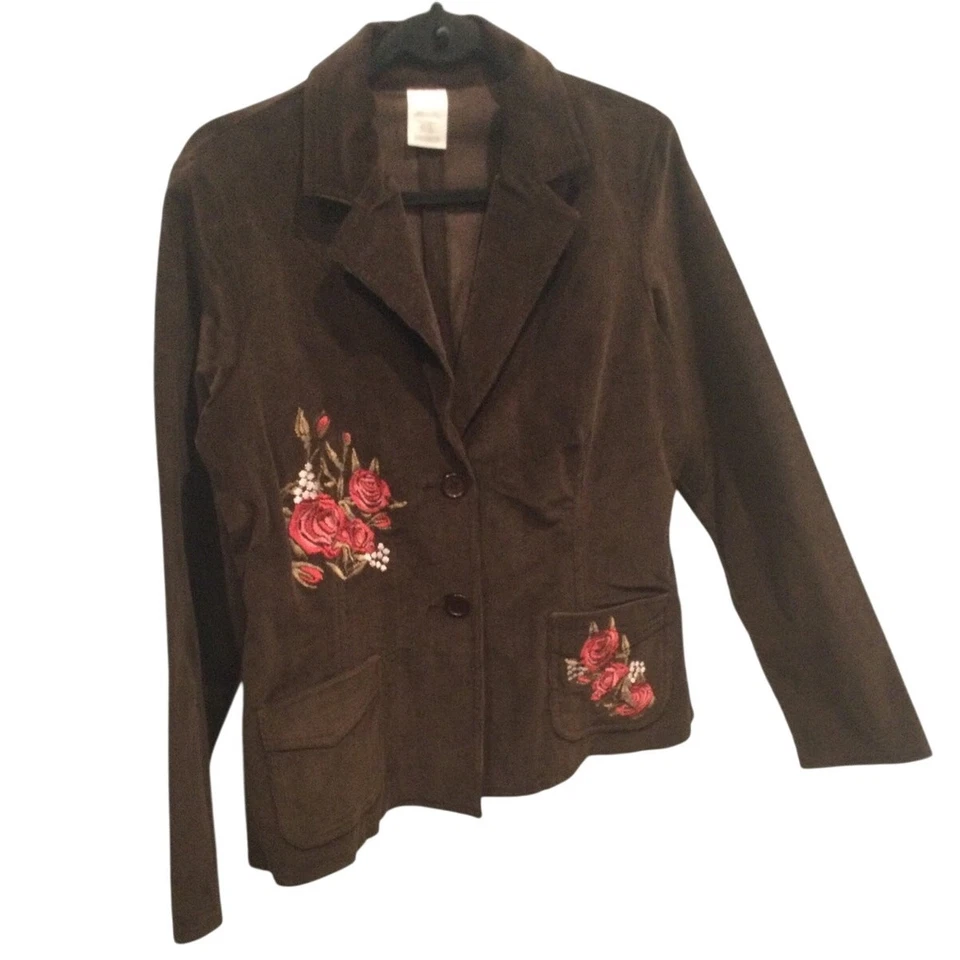 Женский вышитый вельветовый блейзер размер L коричневый красный цветочный богемное Y2K фея гранж - Изображение 1 из 4