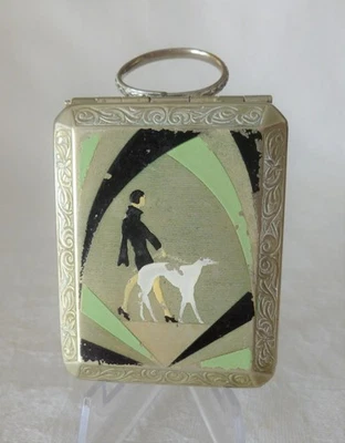 Rare Art Deco Compact from EBM Co. - Flapper Lady Walking a Borzoi Dog - Image 1 of 4